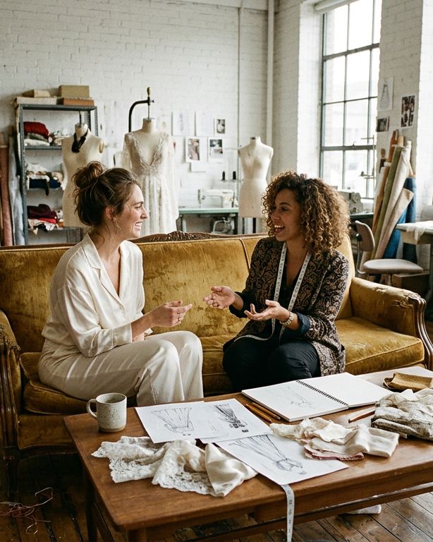 Noiva e estilista conversando no sofá do ateliê
