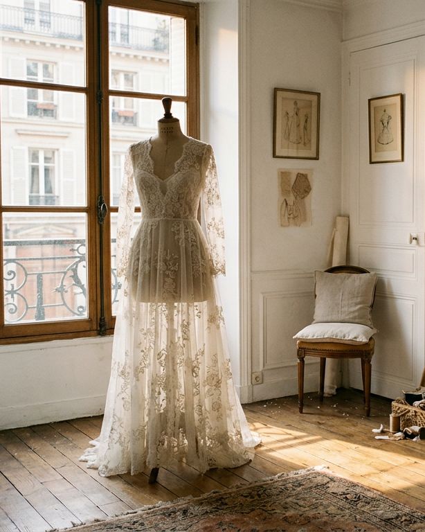 Provador com vestido de renda no manequim perto da janela